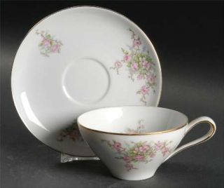 Bavaria Bav4 Flat Cup & Saucer Set, Fine China Dinnerware   Pink & White Flowers