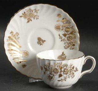 Minton Audley Flat Cup & Saucer Set, Fine China Dinnerware   Gold Floral,Swirl R