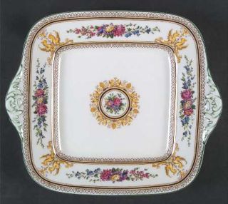 Wedgwood Columbia White (Medallion,Green Trim) 11 Square Handled Cake Plate, Fi