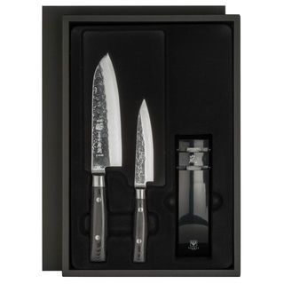 Yaxell Zen Santoku Knife 3 piece Gift Set (Black handleBlade materials VG10 super stainless steelHandle materials Black canvas micartaBlade length 6.5 inch Santoku knife and 5 inch utilityHandle length 4 inch and 5 inchWeight 9 poundsDimensions 18 i
