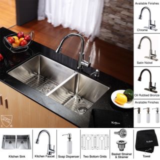Kraus KHU10233KPF2220KSD30ORB 33 inch Undermount Double Bowl Stainless Steel Kitchen Sink with Oil Rubbed Bronze Kitchen Faucet and Soap Dispenser