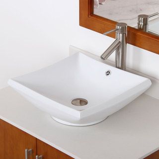 Elite 41252659bn High Temperature Ceramic Bathroom Sink With Square Design And Bushed Nickel Finish Faucet Combo (White Interior/Exterior Both Dimensions 16 inches Long, 16 inches Wide , 6 inches High ,1 inch Thick Faucet settings Tall Vessel Style Fau