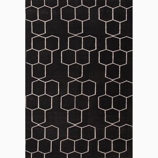 Hand made Geometric Pattern Black/ Ivory Wool Rug (8x10)