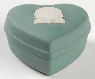 Wedgwood Cream Color On Teal Jasperware Small Heart Shape Box & Lid, Fine China