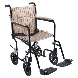 Drive Medical Tan Plaid Flyweight 19 Lightweight Aluminum Transport Wheelchair (Tan PlaidMaterials AluminumWeight Capacity 300 poundsSeat width 19 inchesFeaturesDeluxe back releaseDeluxe all aluminum rear wheel locksWeighs about 30 percent less than t
