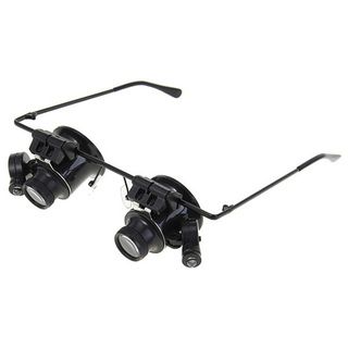 High Quality Binocular Magnifier 20x Glasses/ Led Light (BlackMaterials Plastic, glass, electrical componentsPowered supply 4 x CR1620 battery (included) Dimensions 6 inches long x 2 inches wide x 2 inches highMagnifying power 20xAdjustable LED lightL