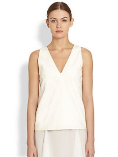 Reed Krakoff Leather Front V Neck Top   White