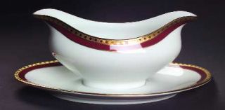 Tiffany Rust Band Gravy Boat with Attached Underplate, Fine China Dinnerware   G