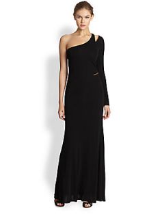ABS Asymmetrical Zip Trimmed One Shoulder Gown   Black