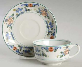 Syracuse Fusan Flat Cup & Saucer Set, Fine China Dinnerware   Flowers Rim And Ce
