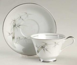 Arlen Jade Footed Cup & Saucer Set, Fine China Dinnerware   Gray&Green Bamboo,Wh