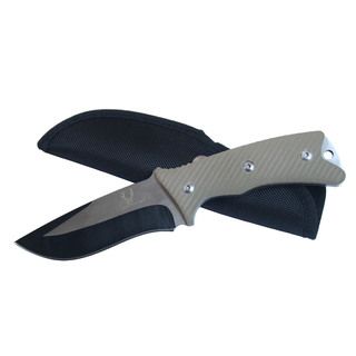 The Bone Edge Series 9 inch Two Tone Blade Hunting Knife (Silver/black Blade materials Stainless steel Handle materials G10 handle Blade length 5 inches Handle length 4.5 inches Weight 1 pound Dimensions 9 inches long x 5 inches wide x 3 inches high