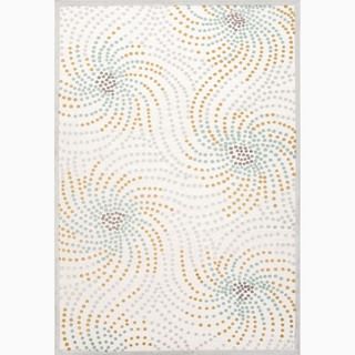 Hand made Abstract Pattern Ivory/ Blue Silk/ Chenille Rug (7.6x9.6)