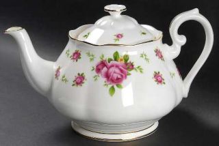 Royal Albert New Country Roses White Teapot & Lid, Fine China Dinnerware   Pink