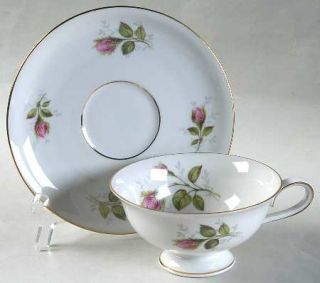 Towne Moss Rose Footed Cup & Saucer Set, Fine China Dinnerware   Pink Rosebuds,