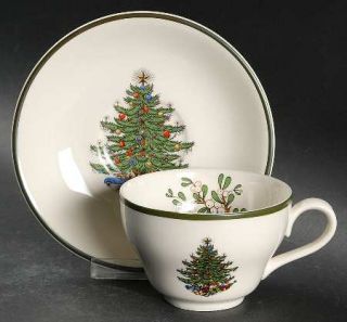 Cuthbertson Christmas Tree (Narrow Green Band,Cream) Flat Cup & Saucer Set, Fine