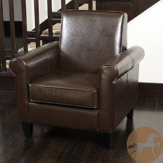 Christopher Knight Home Freemont Leather Brown Club Chair (BrownMaterials Solid hardwoodFinish Brown woodUpholstery materials Bonded leatherLegs Brown wood finishChair dimensions 32.2 inches high x 31 inches wide x 27.3 inches deepSeat height 16.8 i