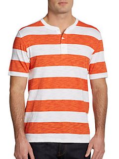 Wide Striped Short Sleeve Henley   White Orange