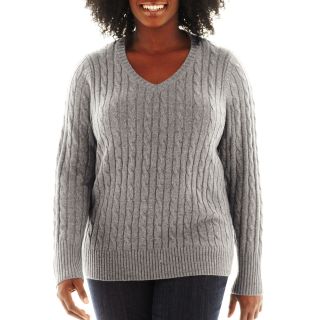 Wool Blend Cable Knit V Neck Sweater, Grey, Womens