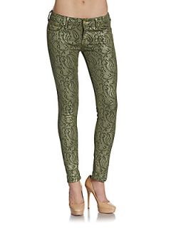 Paisley Print Skinny Jeans   Green Gold