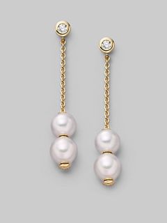 Mikimoto 7MM White Akoya Cultured Pearl, Diamond & 18K Yellow Gold Earrings   No