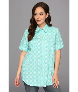 Roper Plus Size 8992 Turq Tile Print Poplin Retro Shirt Womens Short Sleeve Button Up (Blue)