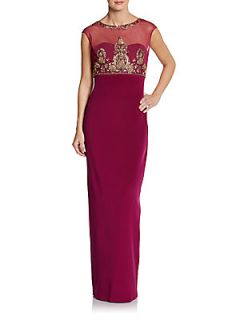 Bead Embellished Crepe Illusion Gown   Raspberry