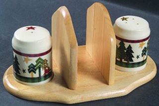 International Prairietown Christmas Salt & Pepper Set on Wood Napkin Holder Tray