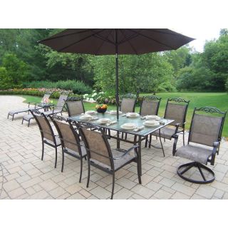 Oakland Living Cascade Patio Dining Set with Umbrella and Stand Plus Chaise