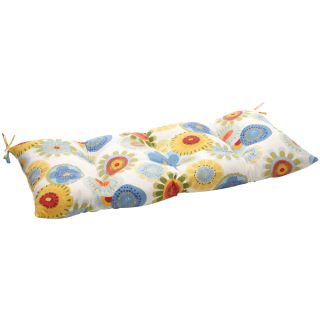 Multicolored Floral Polyester Outdoor Tufted Loveseat Cushion (Blue, white, yellowMaterials 100 percent polyesterFill 100 percent virgin polyester fiber fillClosure Sewn seamUV protected and water resistantCare instructions Spot clean onlyDimensions 