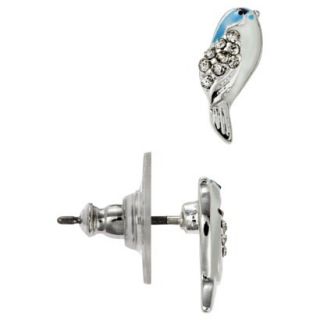 Womens Enameled Bird Stud Earring with Pave Accents   Blue/White/Silver