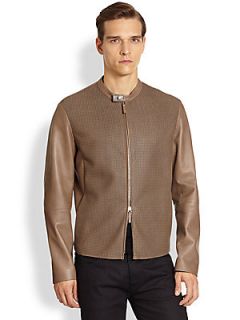Armani Collezioni Houndstooth Leather Jacket   Beige