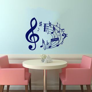 Notes Bow Musical Treble Clef Wall Vinyl Decal (Glossy blueDimensions 25 inches wide x 35 inches long )