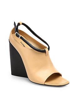 Costume National Leather Open Toe Wedge Ankle Boots   Natural Black
