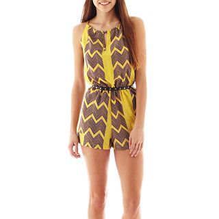 City Triangles Keyhole Belted Chevron Print Romper, Yellw/navy