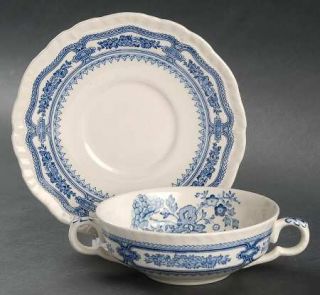 Masons Manchu Blue Flat Cream Soup Bowl & Saucer Set, Fine China Dinnerware   B