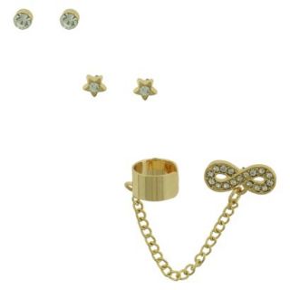 Womens Star, Stone and Infinity Stud Ear Cuff Set of 3   Gold/Crystal