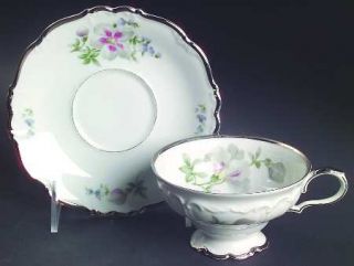 Edelstein Lynn Footed Cup & Saucer Set, Fine China Dinnerware   Gray/Blue Flower