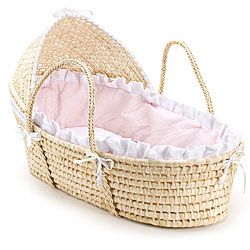 Natural Hooded Moses Basket With Pink Gingham Bedding