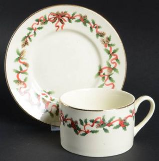 Retroneu Holiday Ribbons Flat Cup & Saucer Set, Fine China Dinnerware   Holly, P