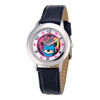 Disney Minnie Mouse Black Leather Strap Watch, Girls