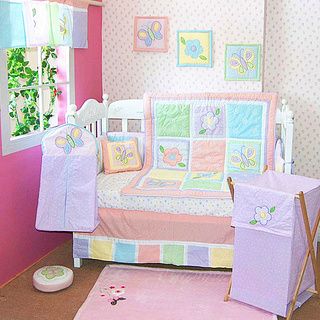 Butterfly And Flowers 6 piece Crib Bedding Set (100 percent cottonCare instructions Machine washableCrib quilt 36 inches wide x 45 inches longBumper long sides 10 inches wide x 52 inches longBumper short sides 10 inches wide x 27 inches longCrib sheet