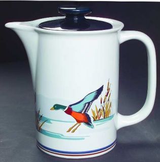 Epoch Pollo Teapot & Lid, Fine China Dinnerware   Ducks,Cattails,Blue&Brown Ring