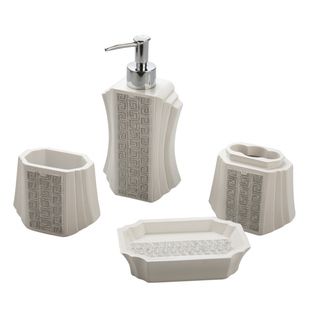 Jovi Home Greek Key Bath Accessory 4 piece Set (White/SilverRust freeSpot clean onlyDimensionsLotion dispenser 8.07 inches high x 3.86 inches wide x 2.09 inches deep (holds up to 360 ml)Toothbrush holder 3.43 inches high x 3.86 inches wide x 2.09 inche