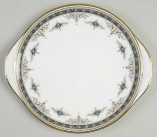 Minton Gladstone Handled Cake Plate, Fine China Dinnerware   Tan & Blue Scroll/F