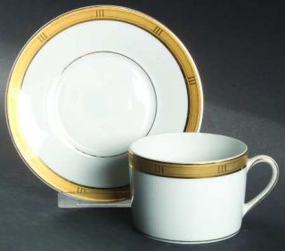 Bernardaud Roulette Flat Cup & Saucer Set, Fine China Dinnerware   Gold Trim, Ri