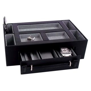 Leather Valet Box with Pen & Watch Drawer   Black Leather   11W x 3H in.  