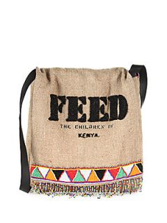 FEED Beaded Burlap Messenger   Tan