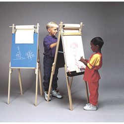 Kids Dual Art Center Easel (Natural woodMaterials Wood, plastic, slate, steelRecommended for ages four (4) and olderDual sided chalkboard, dry erase boardIncludes a roll of paperDimensions 47 to 57 inches high x 26.5 inches wide Weight 11 poundsModel