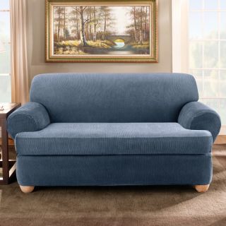Sure Fit Stretch Stripe T Cushion Two Piece Sofa Slipcover Sand   37656
